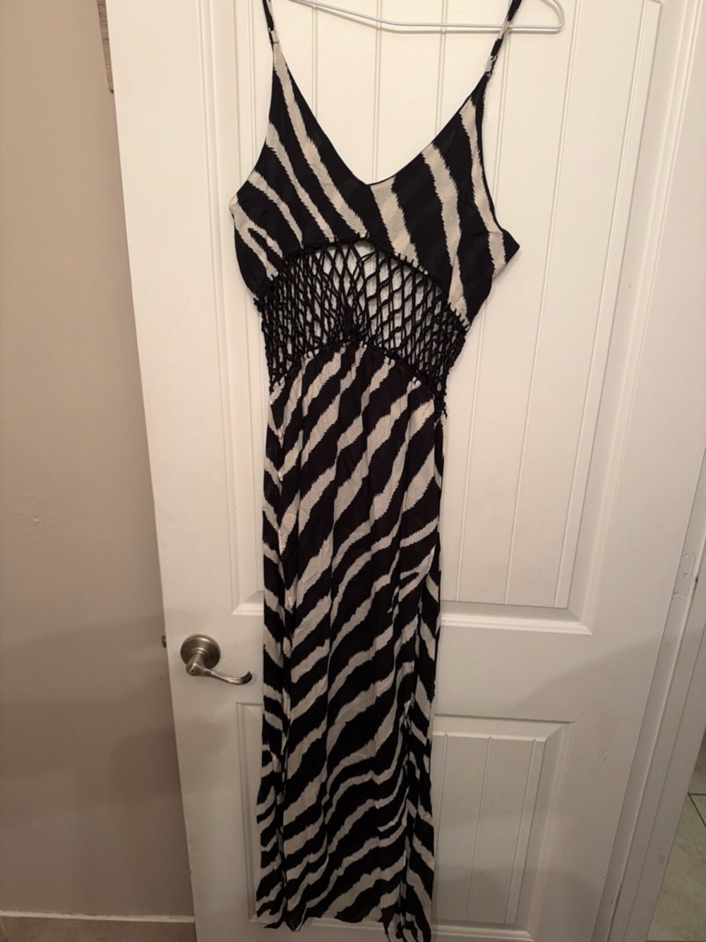 Indah Black and White Zebra-Print Crochet Waist Maxi Dress